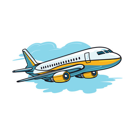 Vector Illustration of a stylized airplane with yellow and blue colors on a cloud backgroundのイラスト素材