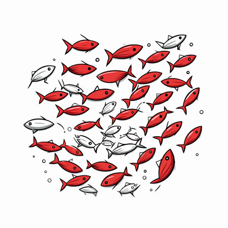 Vector illustration of a group of fish swimming in a curve.のイラスト素材