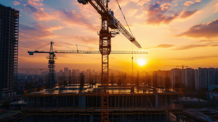 Sunset at construction site, building with steel beams.の写真素材