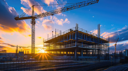 Sunset at construction site, building with steel beams.の写真素材