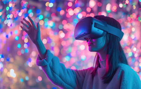Virtual reality experience exited digital person wear vr glasses