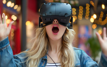 Blond woman in VR helmet expresses surprise and delight.