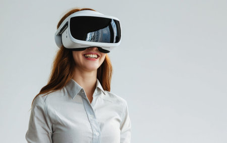 Smiling businesswoman in casual wear dons a VR helmet.