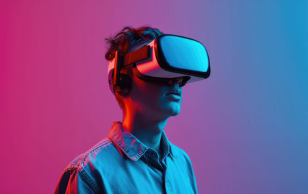 Young man embraces VR headset for futuristic experience.