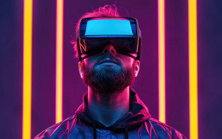 Young man in VR glasses, neon light concept.
