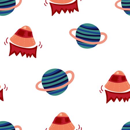 seamless pattern with hand drawn saturn and ufo. creative space designs for fabric, wrapping, wallpaper, textile, apparel.のイラスト素材