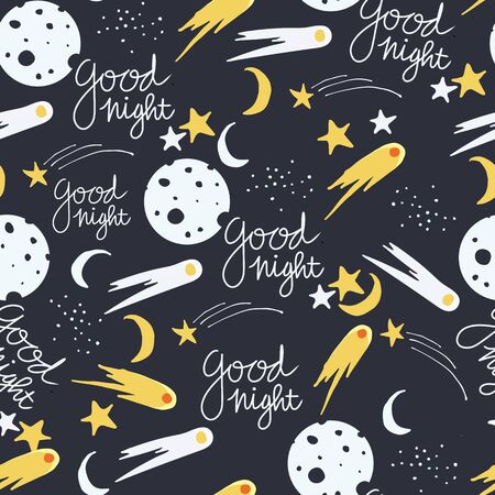 seamless pattern with hand drawn moon and shooting stars with text good night. creative space designs for kids fabric, wrapping, wallpaper, textile, apparel. vector illustrationのイラスト素材