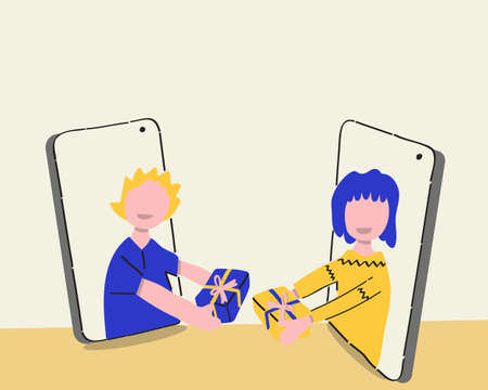 Hand drawn a video call with a man who give a present to a woman vector illustration.のイラスト素材