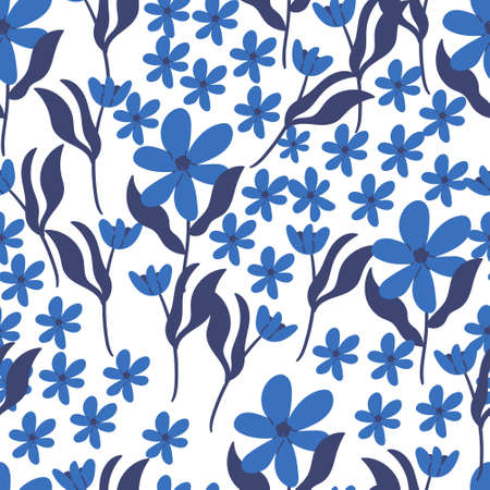 Seamless floral pattern with hand-drawn blue flowers vector illustration. Creative design, good for wrapping paper, wallpaper, cover, card, background, textile, fabric, stationary.のイラスト素材