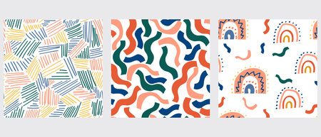Set of three seamless patterns. Hand drawn lines, curve and rainbows. Abstract modern trendy vector...