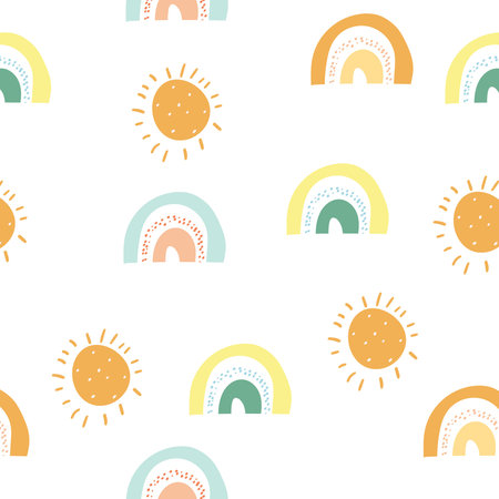 Seamless childish pattern with hand-drawn rainbow and sun vector illustration. Good for kids theme, textile, fabric, stationary, wrapping wrap, card.のイラスト素材