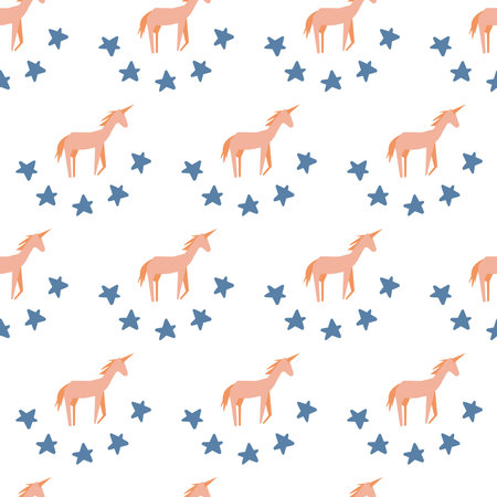 Seamless childish pattern with hand-drawn star, unicorn vector illustration. Good for kids theme, fabrix, textile, stationary, card, wallpaper.のイラスト素材