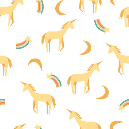 Seamless childish pattern with hand-drawn rainbow, unicorn vector illustration. Good for kids theme, fabrix, textile, stationary, card, wallpaper.のイラスト素材