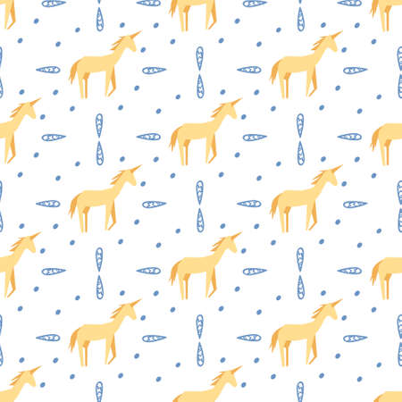 Seamless childish pattern with hand-drawn unicorn vector illustration. Good for kids theme, fabric, textile, stationary, card, wallpaper.のイラスト素材