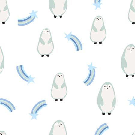Seamless childish pattern with hand-drawn star, rainbow and penguin vector illustration. Good for kids theme, fabric, textile, stationary, card, wallpaper.のイラスト素材