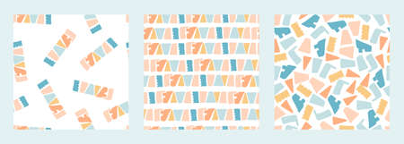 Set of three seamless patterns. Hand drawn various shapes and doodle objects. Abstract  modern trendy vector illustration. Good for wallpaper, cover, card, textile, stationary.のイラスト素材