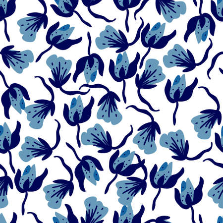 seamless floral pattern with hand-drawn blue pansy flower vector illustration. Good for botanical theme, wallpaper, cover, fabric, textile, card.のイラスト素材