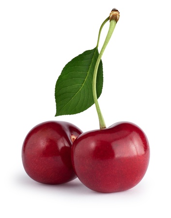 Cherries with the leaf isolated on white. Clipping path の写真素材