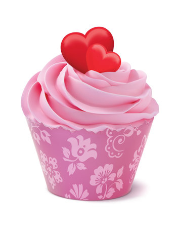 Cupcake or muffin decorated with hearts. Isolated on white realistic 3d illustration.のイラスト素材