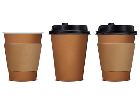 Paper cup of coffee, set. Vector 3d illustration. Isolated on white.のイラスト素材