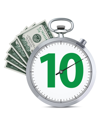 Stopwatch with hundred dollars banknote. Speed money credit concept. Realistic creative Vector 3d illustration.のイラスト素材