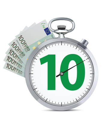 Stopwatch with hundred euro banknote. Speed money credit concept. Realistic creative Vector 3d illustration.のイラスト素材