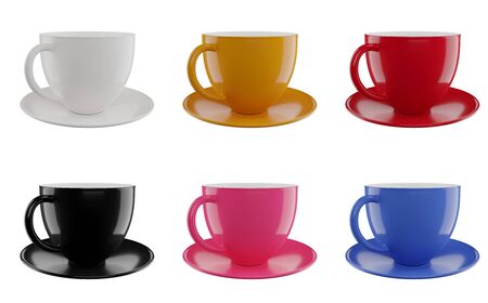Colorful cups set isolated on white background  . 3d render illustrationの写真素材