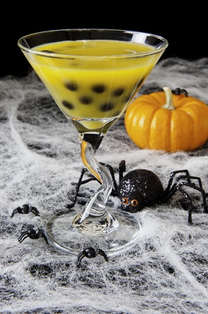 Halloween bubble tea with cobwebs, spiders and pumpkinsの写真素材