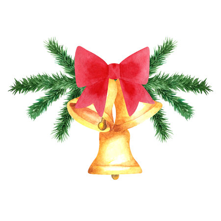 Christmas bells with red bow and pine branch isolated on white background, art illustration painted with watercolors.の写真素材