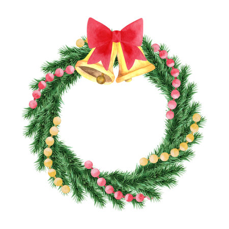 Christmas wreath watercolor hand drawn illustration with pine branch, bells and bow. Holiday decoration, Christmas decor, frame. Isolated on white background. Design element.の写真素材