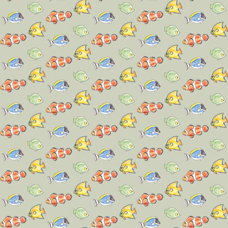 Hand drawn seamless pattern with colorful fishes on a gray background.の写真素材