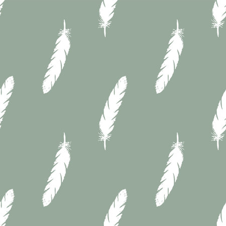 Feather pattern. White feathers seamless pattern on green background.のイラスト素材