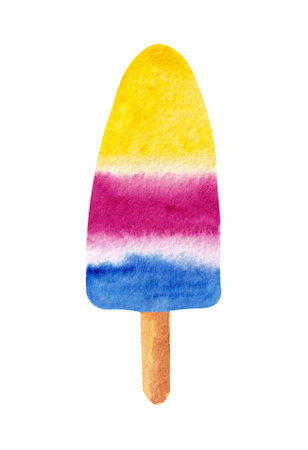 Hand drawn watercolor ice cream on white background in purple, yellow and blue colors.の写真素材
