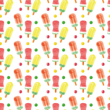 Hand drawn ice cream watercolor seamless pattern on white background with color balls, spheres.の写真素材