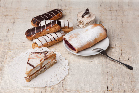 Various sweet bakery products on cloth
