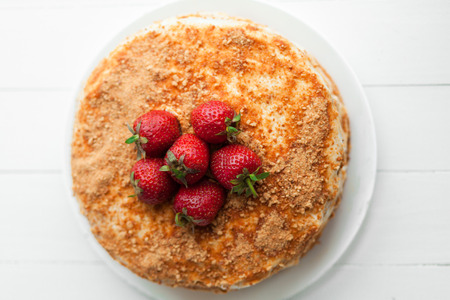 Strawberry cake on white plateの写真素材