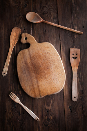 Kitchen board on wood rustic tableの写真素材