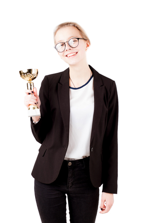 Young girl win prize isolated on whiteの写真素材