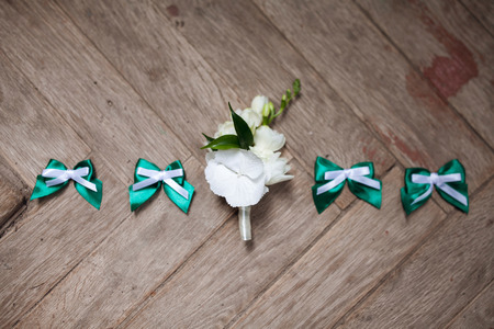 Creativ image of wedding decorations on wood floor backgroundの写真素材