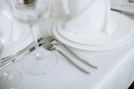 Closeup image of forks and cutlery in restaurant on celebration outdoorの写真素材