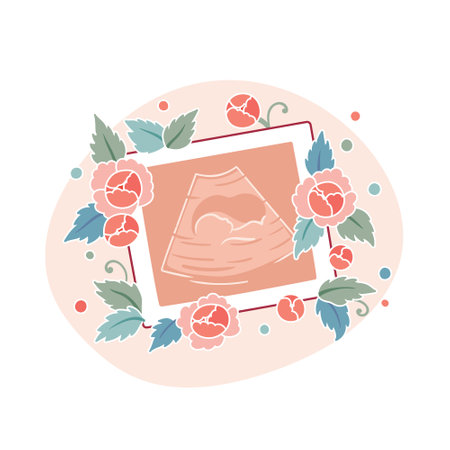 Illustration with baby ultrasound and flowersのイラスト素材