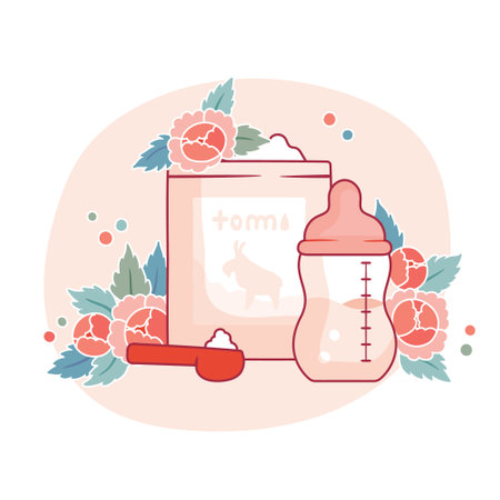 Illustration with baby bottle, dry infant formula and flowersのイラスト素材
