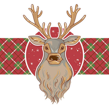 Christmas greeting card with decorative deer in doodle style on plaid backgroundのイラスト素材