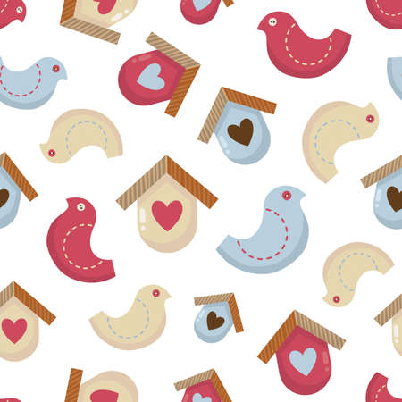 Christmas seamless pattern with little birds and nesting boxesのイラスト素材