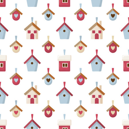 Christmas seamless pattern with decorative houses and little nesting boxesのイラスト素材