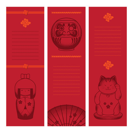 Banners set with Japanese symbols. Kokeshi, Daruma, hand fan, Maneki Nekoのイラスト素材