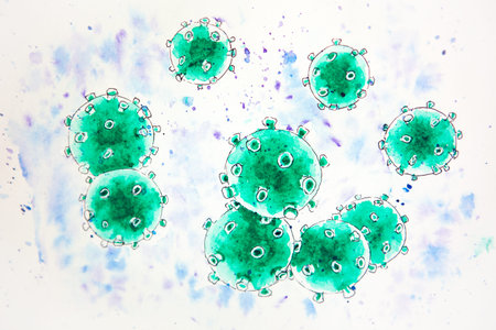 Watercolor drawing  virus isolated on the white background, illustration of particules