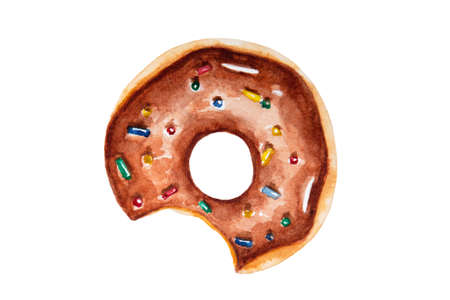 Watercolor drawing of donut with chocolate glaze and colorful topping isolated on the white background. Hand painted illustration of brown donut.の写真素材