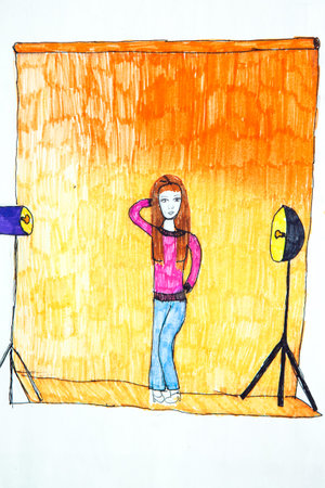 Young girl poses as a model in photostudio. Like kids drawn flat doodle simple image. Marker hand drawing, child painting.の写真素材