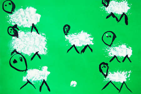 Many hand sheeps on green background. Like kids drawn flat doodle simple image. child painting.の写真素材